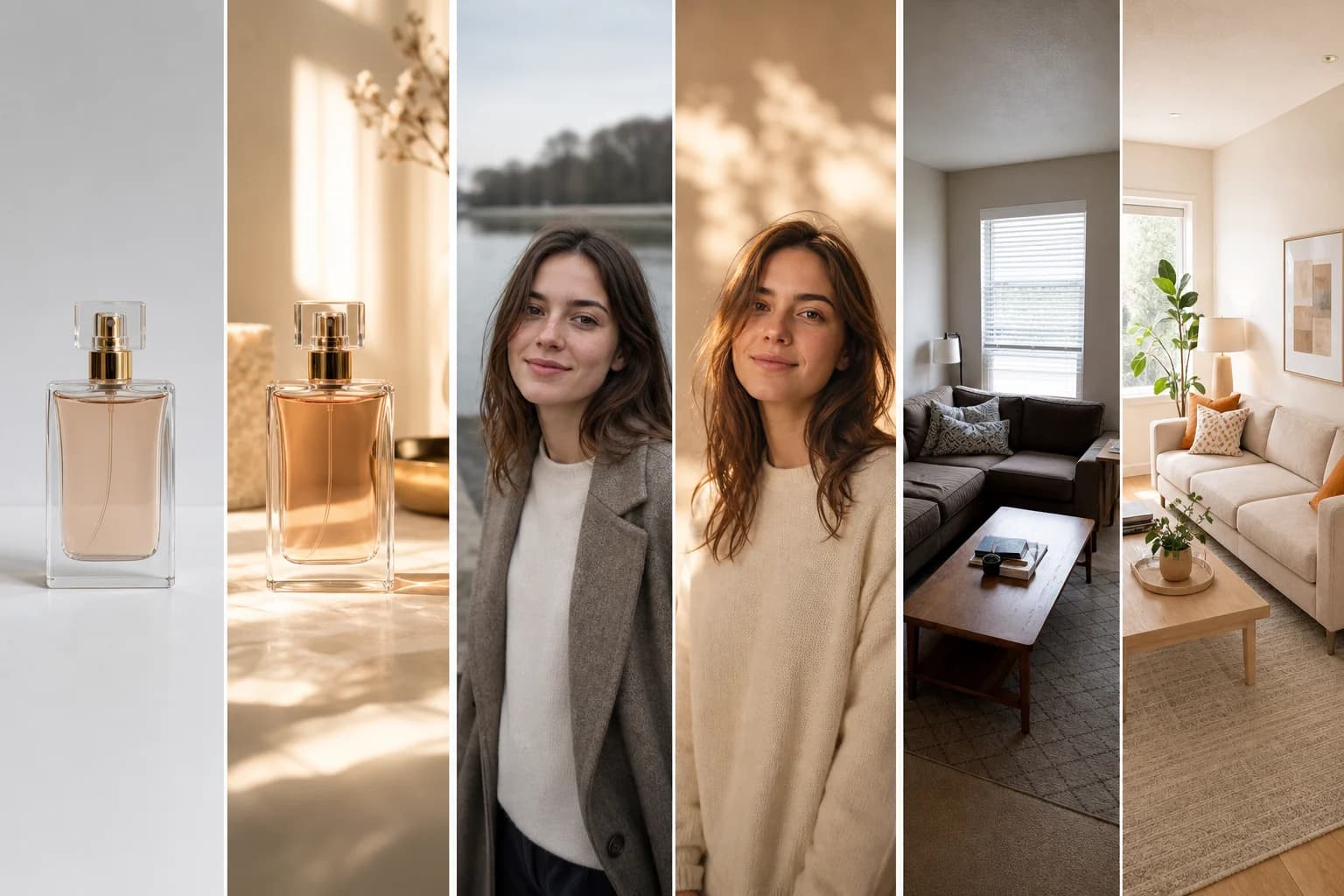 Three before-and-after AI image editor examples showing a product photo, portrait, and living room transformed with prompts
