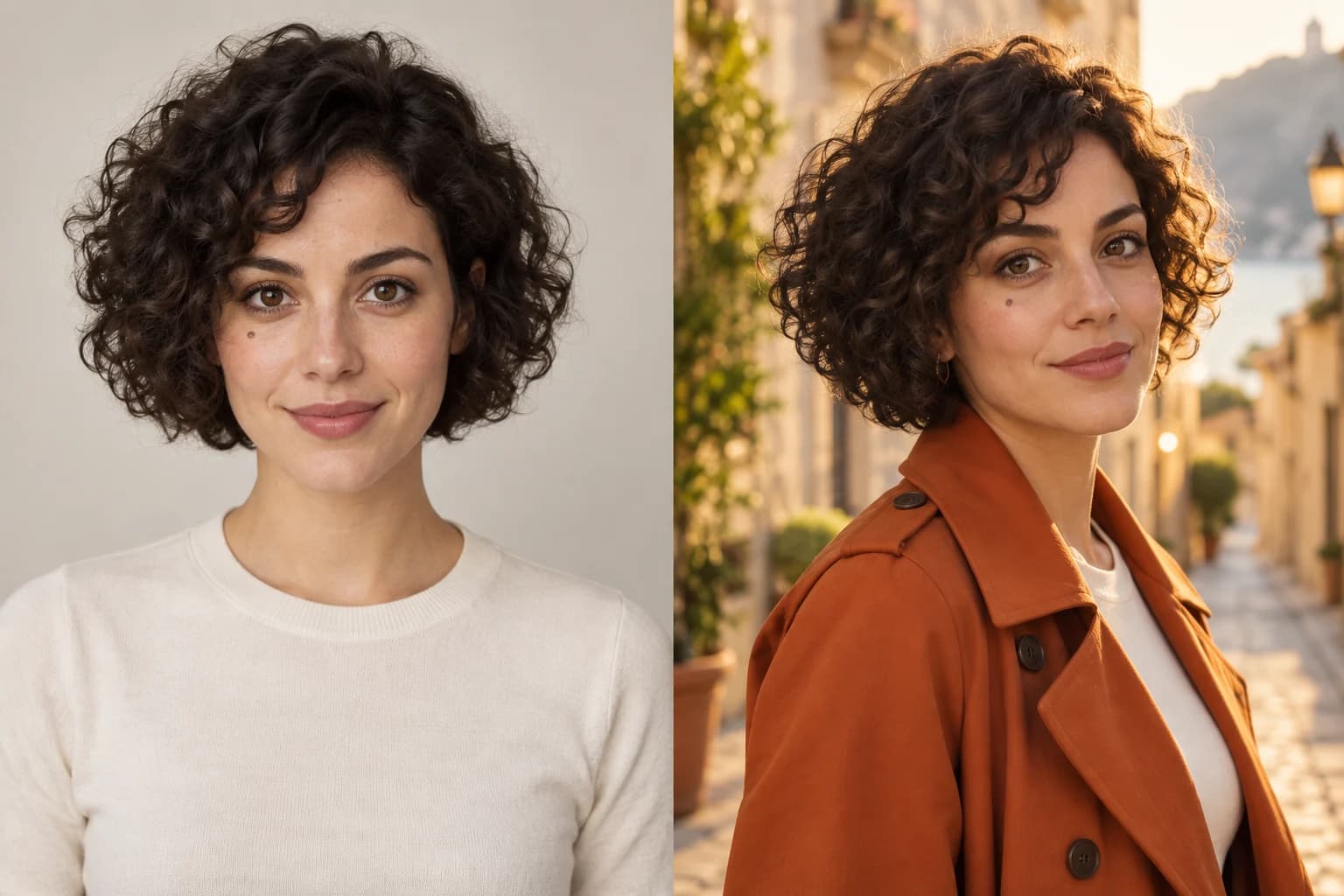 The same woman shown in a studio portrait and a warm outdoor fashion scene with consistent facial identity