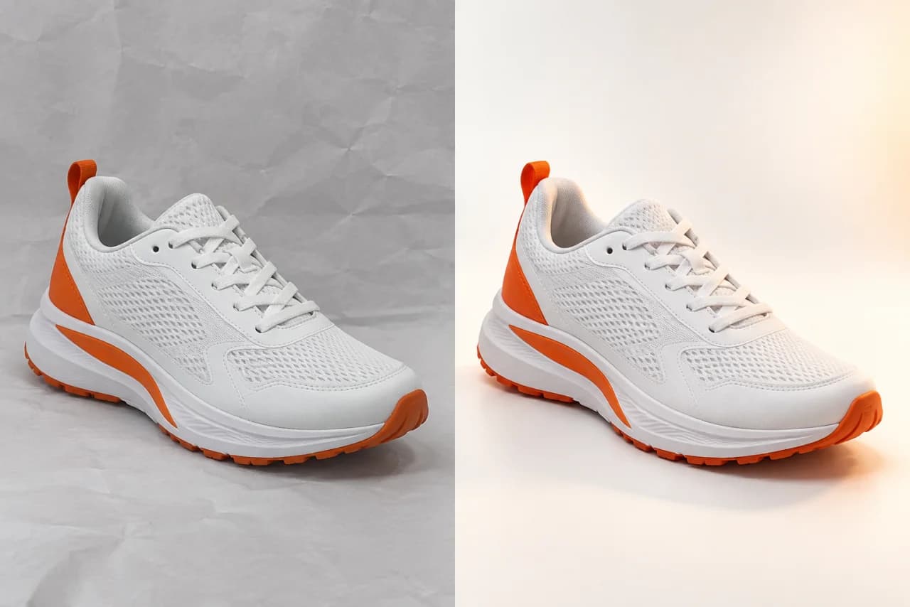 Athletic sneaker transformed from a basic seller photo into a polished online store product image