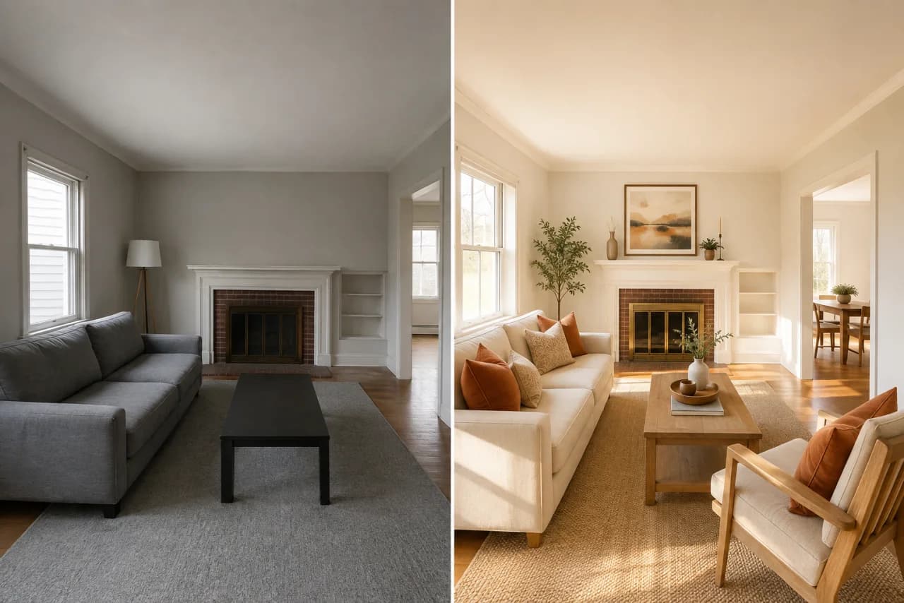 Before and after living room redesigned with warm modern furniture and lighting