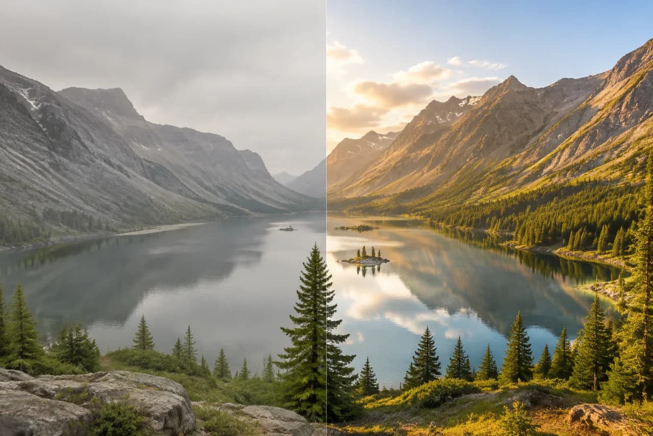 Before and after mountain landscape enhanced with clear golden-hour light