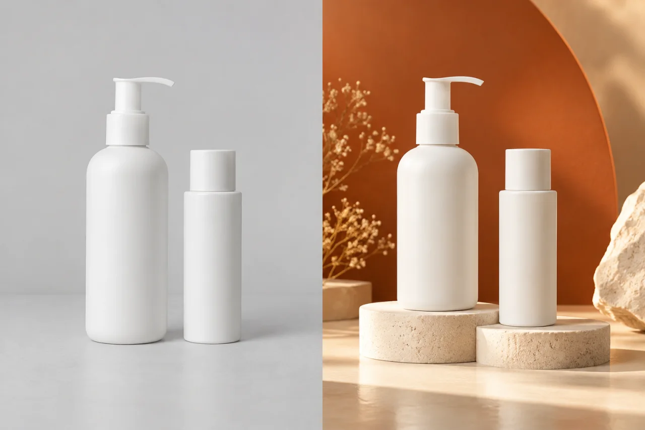 Skincare bottles transformed from a plain product photo into a professional advertising campaign image