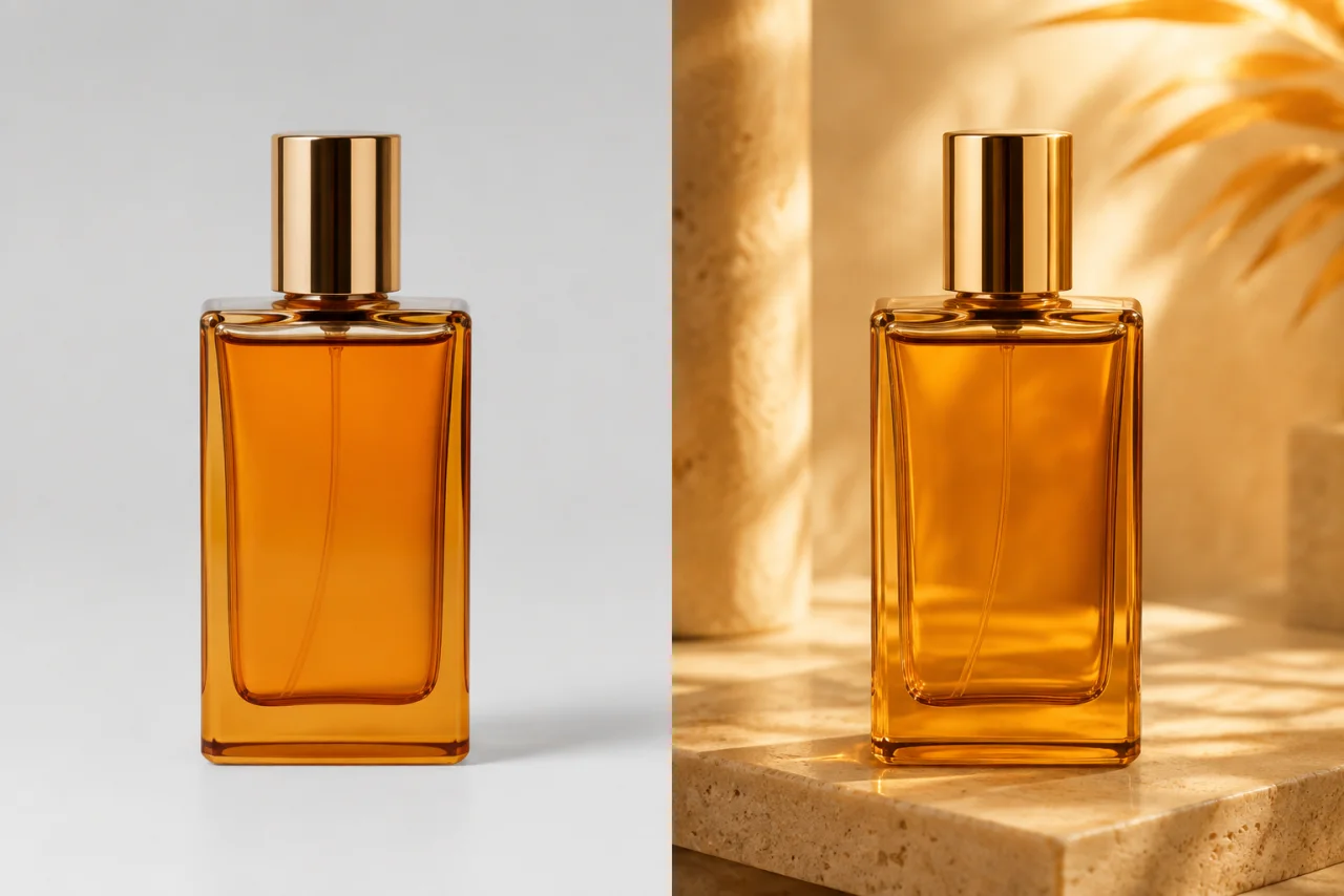 Before and after perfume product photo transformed into a premium campaign visual