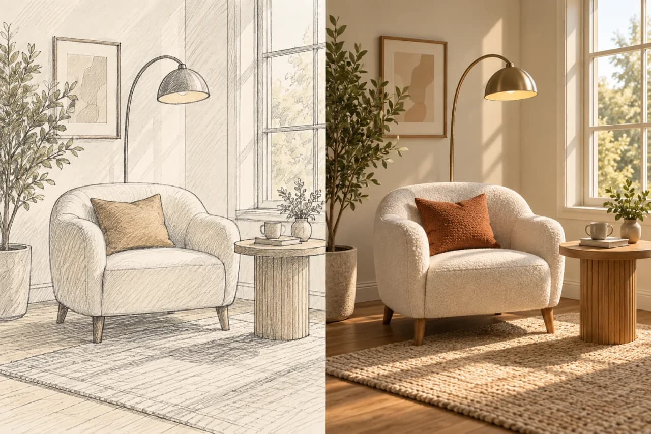 Interior design sketch transformed into a photorealistic reading corner