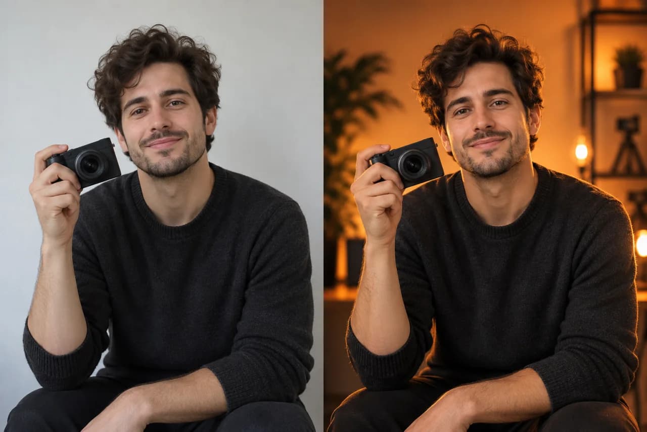 Content creator portrait transformed from a casual photo into a warm professional social media visual
